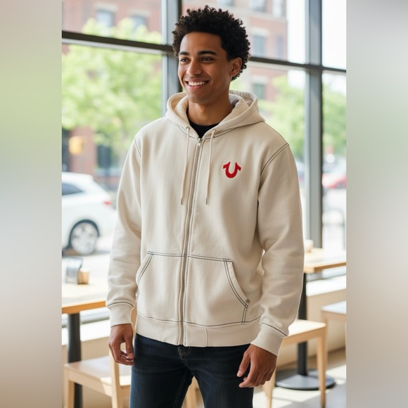 True Religion Heritage Big T Cream Hoodie with Red Logo - Picture 1 of 11